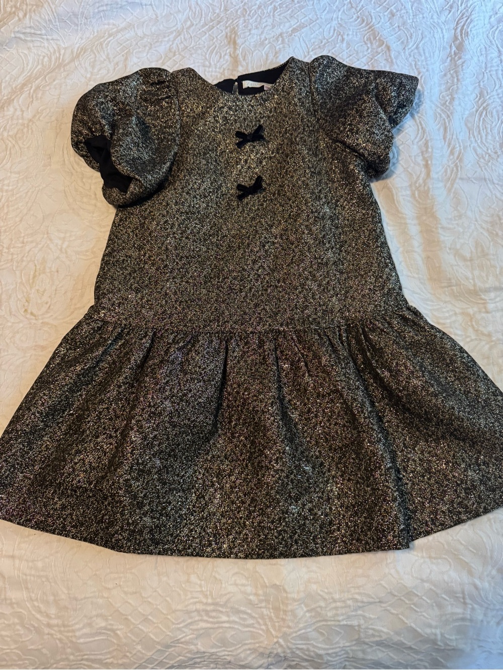 ZARA Girls Size 6 Metallic Gold Black Party Dress Puff Sleeve Holiday Bow